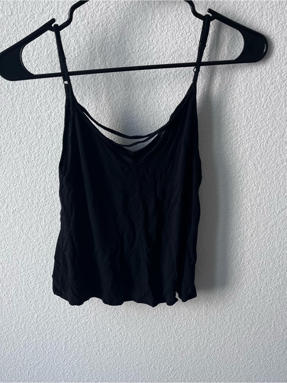 Black cami tank top, criss-cross straps, adjustable straps, size Small S